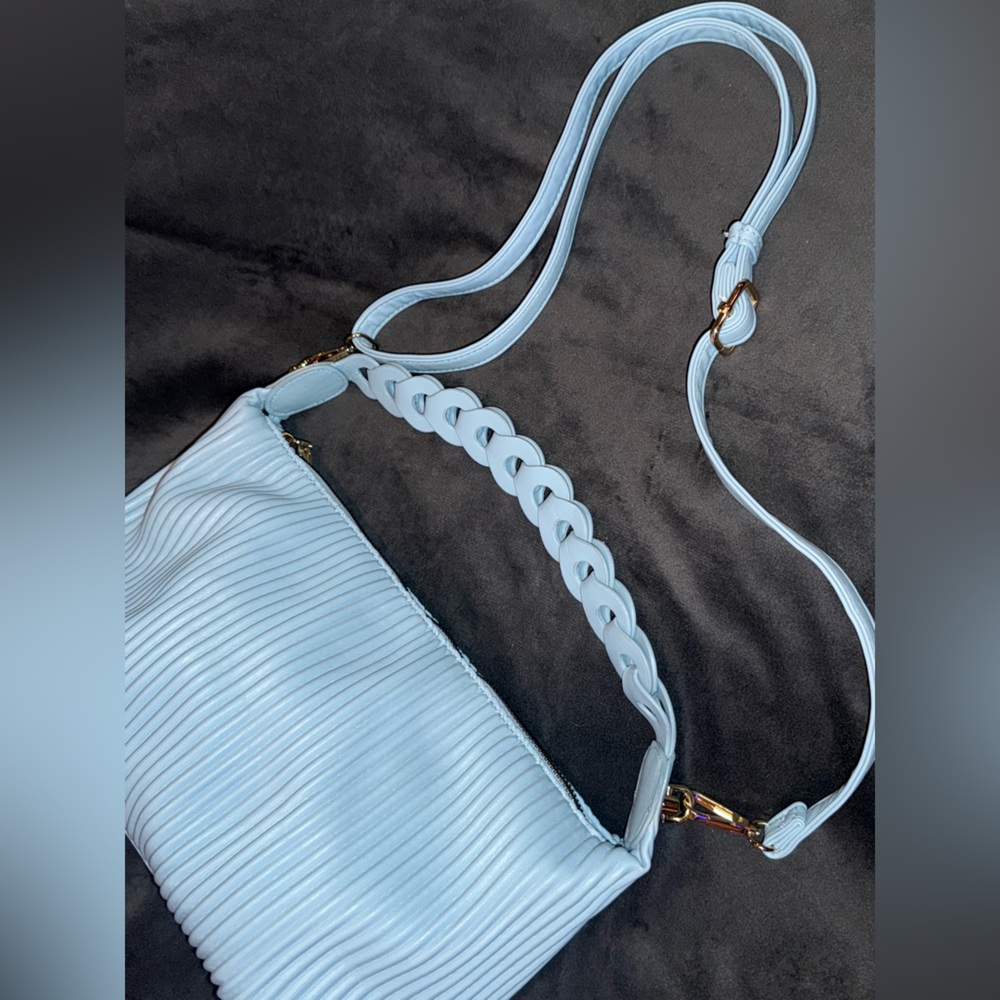 Expressions NYC Slouchy Pleated Powder Blue Crossbody Shoulder Bag w Link Strap - Picture 6 of 13